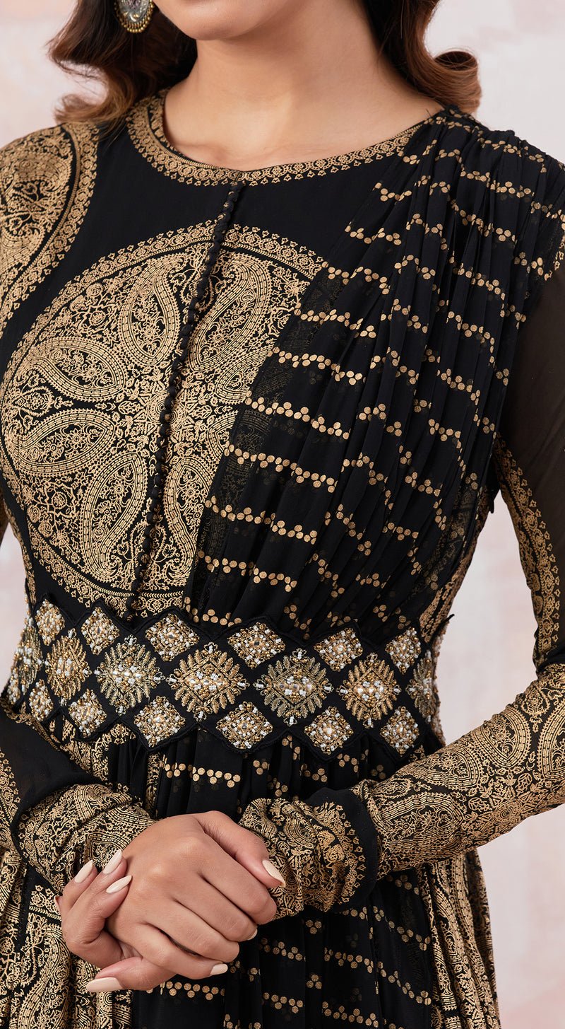 Printed Black Anarkali Set With Embroidered Belt - MEENA BAZAAR CANADAMeena Bazaar CanadaXXS