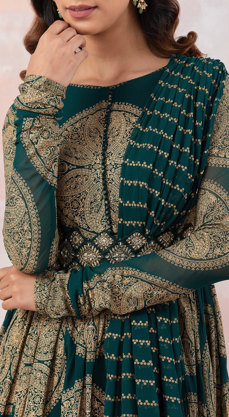 Printed Green Anarkali Set With Embroidered Belt - MEENA BAZAAR CANADAMeena Bazaar CanadaXXS