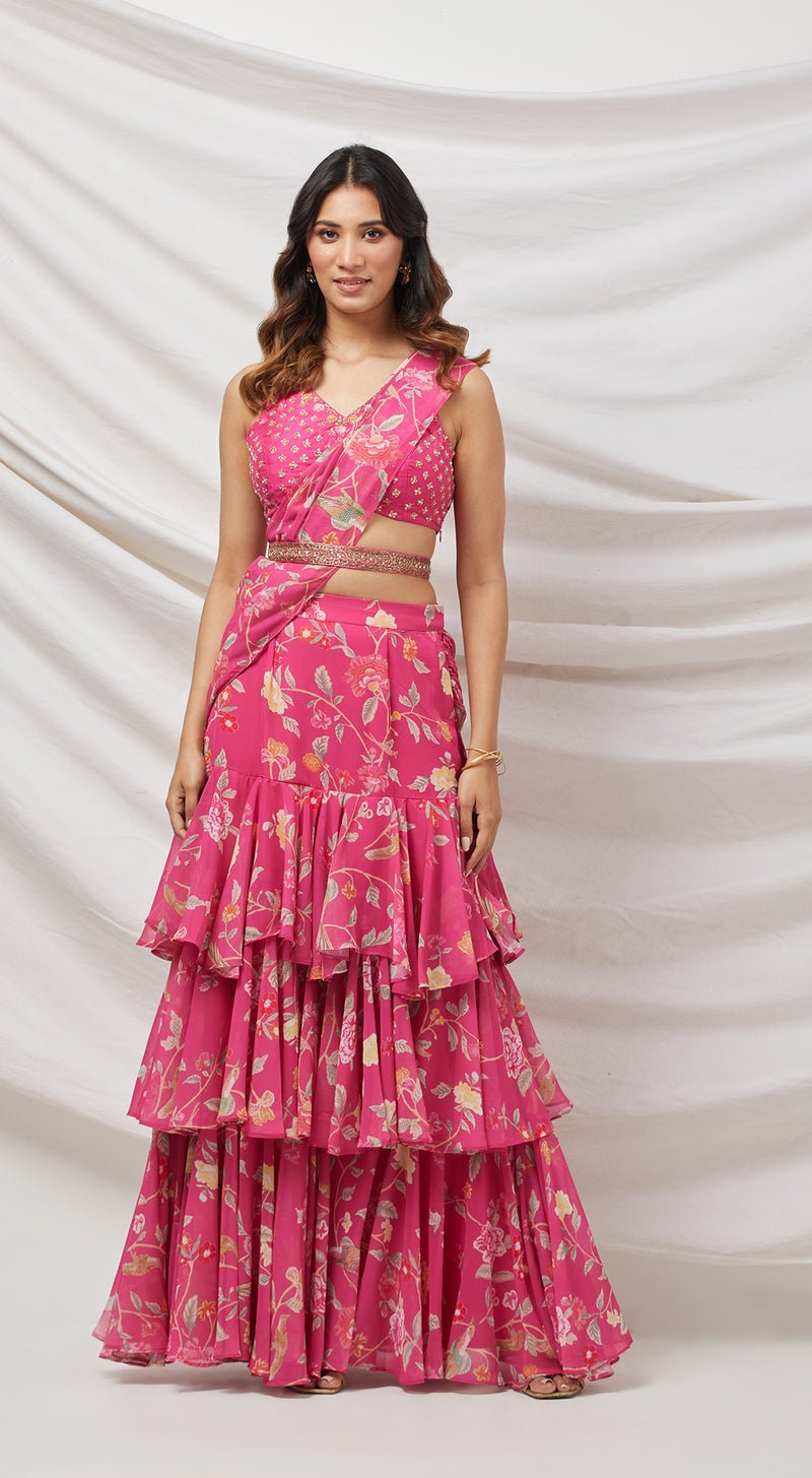 Rani Pink Pre-Draped Sharara Saree - MEENA BAZAAR CANADAMeena Bazaar CanadaXXS