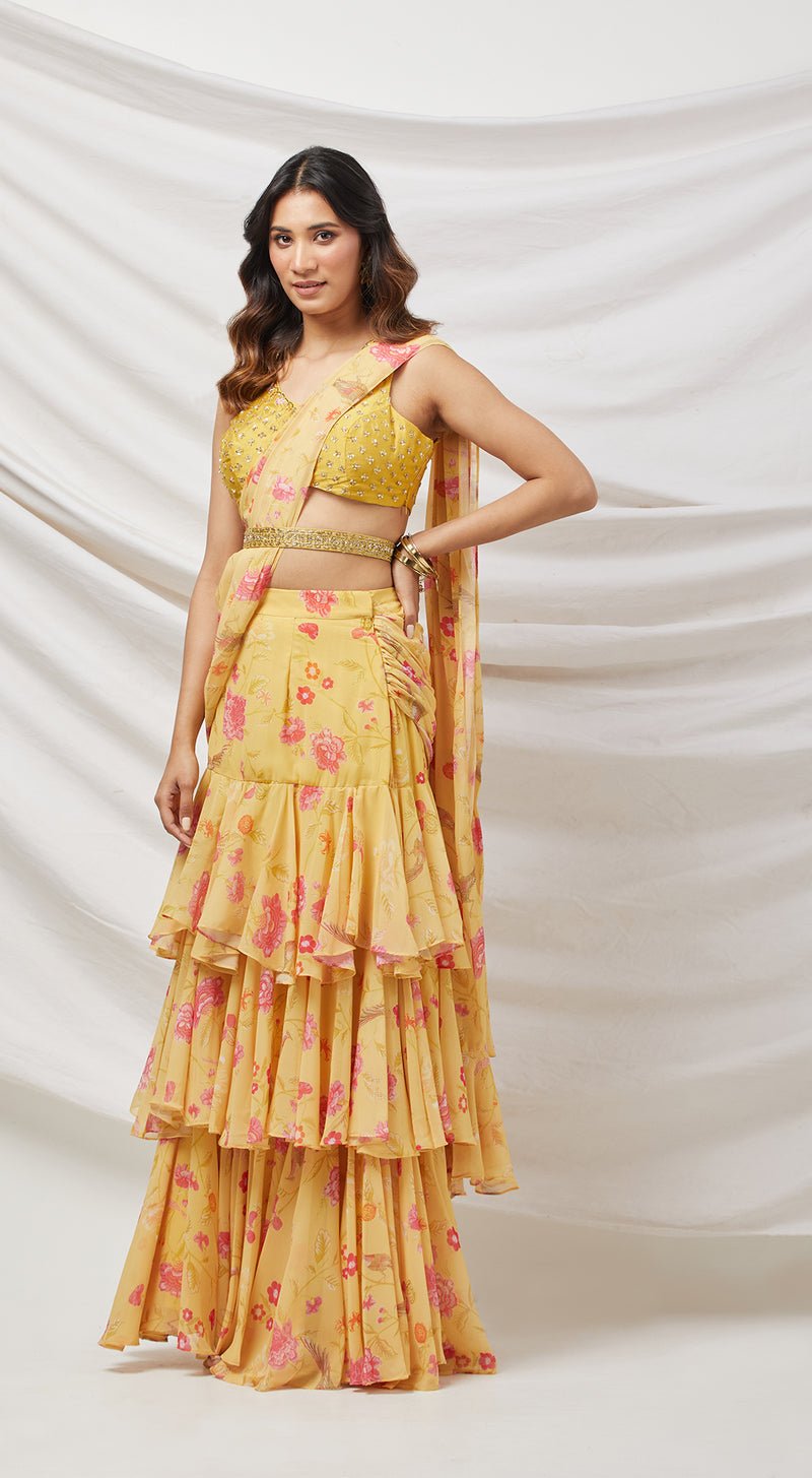 Yellow Embroidered Draped Saree Set - MEENA BAZAAR CANADAMeena Bazaar CanadaXXS