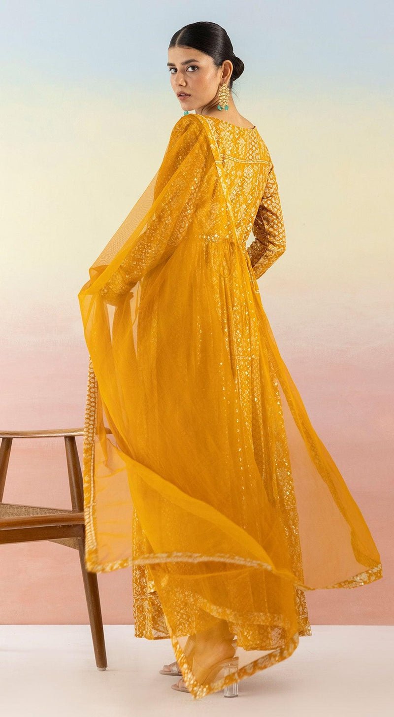Yellow Sequin Embroidered Anarkali WIth Belt - MEENA BAZAAR CANADAMeena Bazaar CanadaXXS