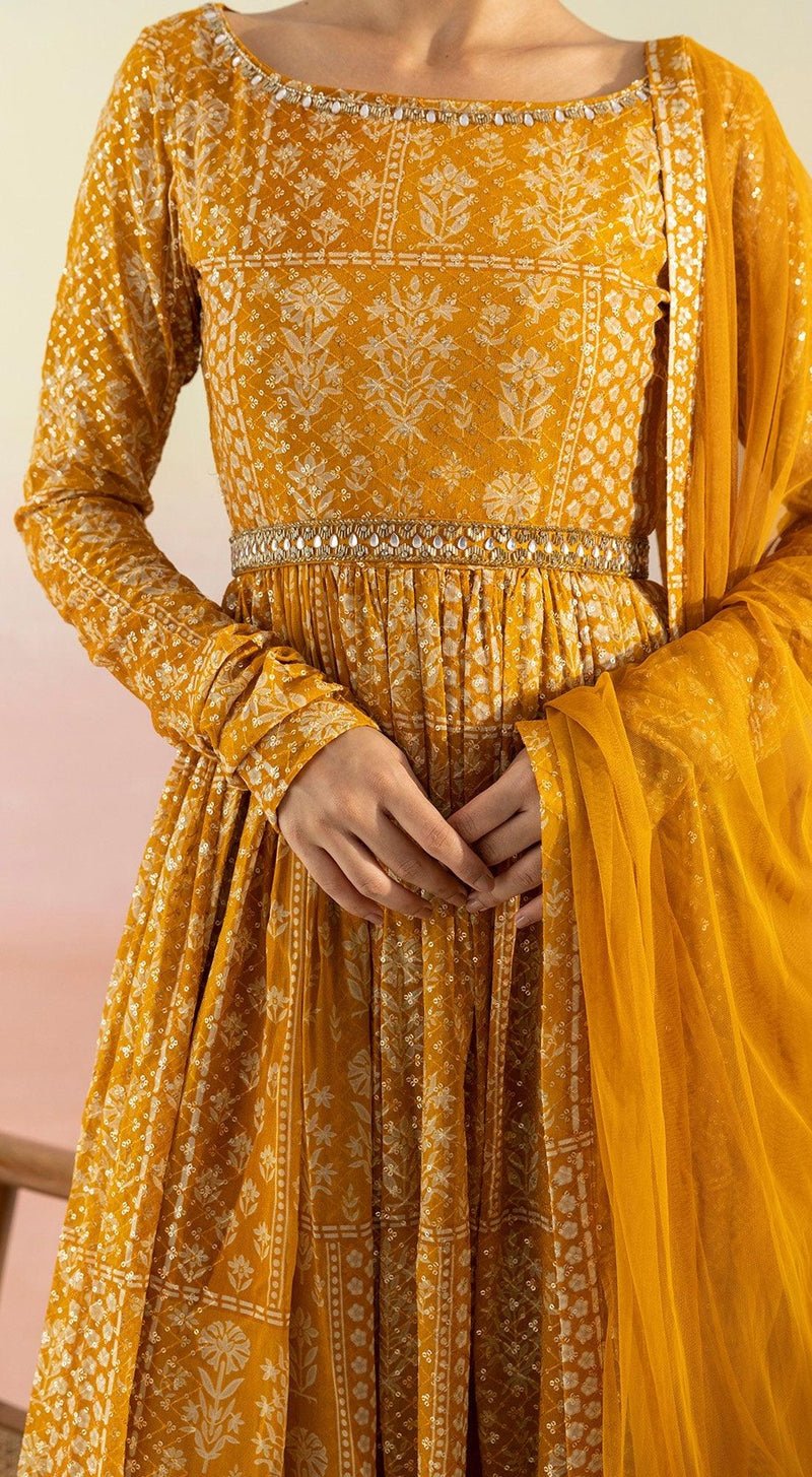 Yellow Sequin Embroidered Anarkali WIth Belt - MEENA BAZAAR CANADAMeena Bazaar CanadaXXS