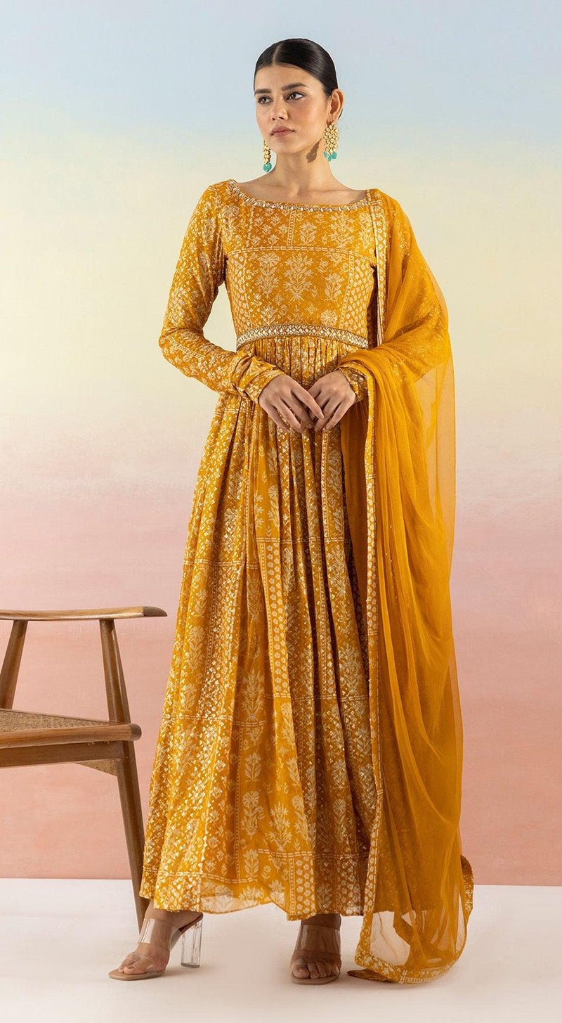 Yellow Sequin Embroidered Anarkali WIth Belt - MEENA BAZAAR CANADAMeena Bazaar CanadaXXS