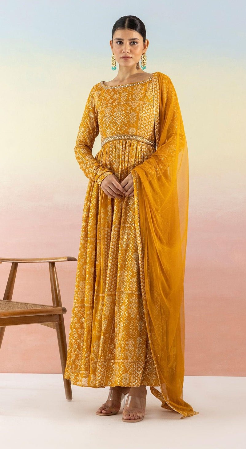 Yellow Sequin Embroidered Anarkali WIth Belt - MEENA BAZAAR CANADAMeena Bazaar CanadaXXS